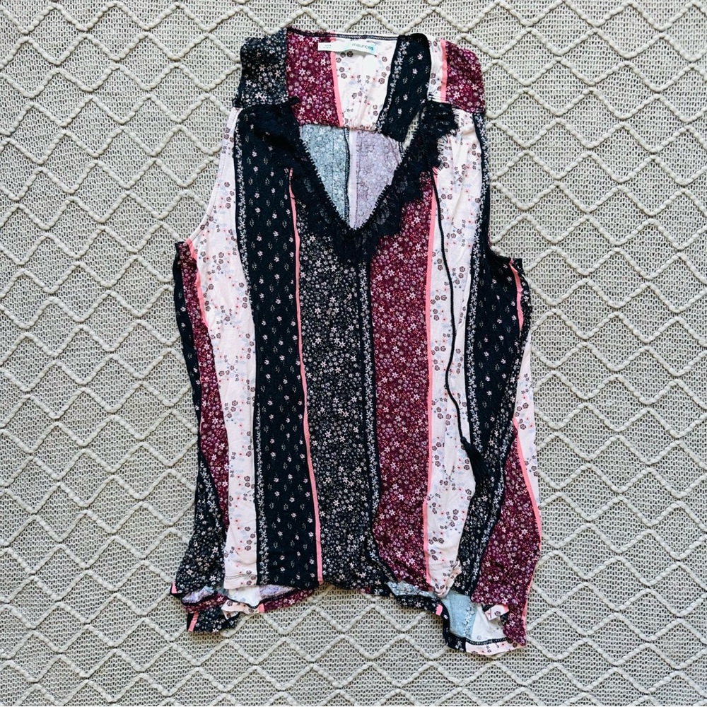 Maurices Sleeveless Patchwork Stripe Floral Blouse in Black, Pink & Burgundy